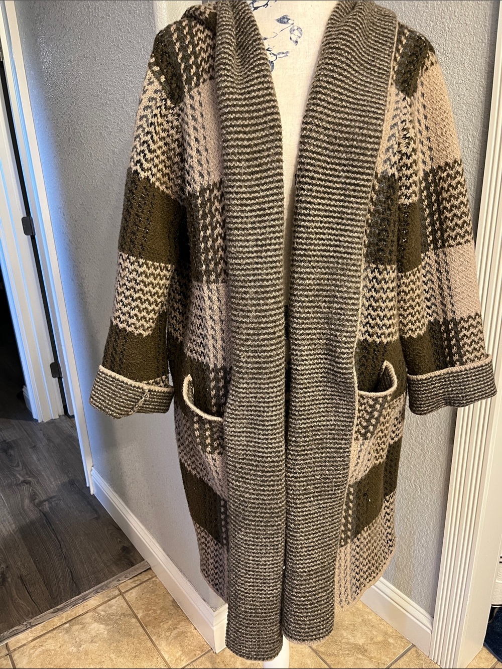 Olive & Cream Hooded Open-Front Knit Cardigan